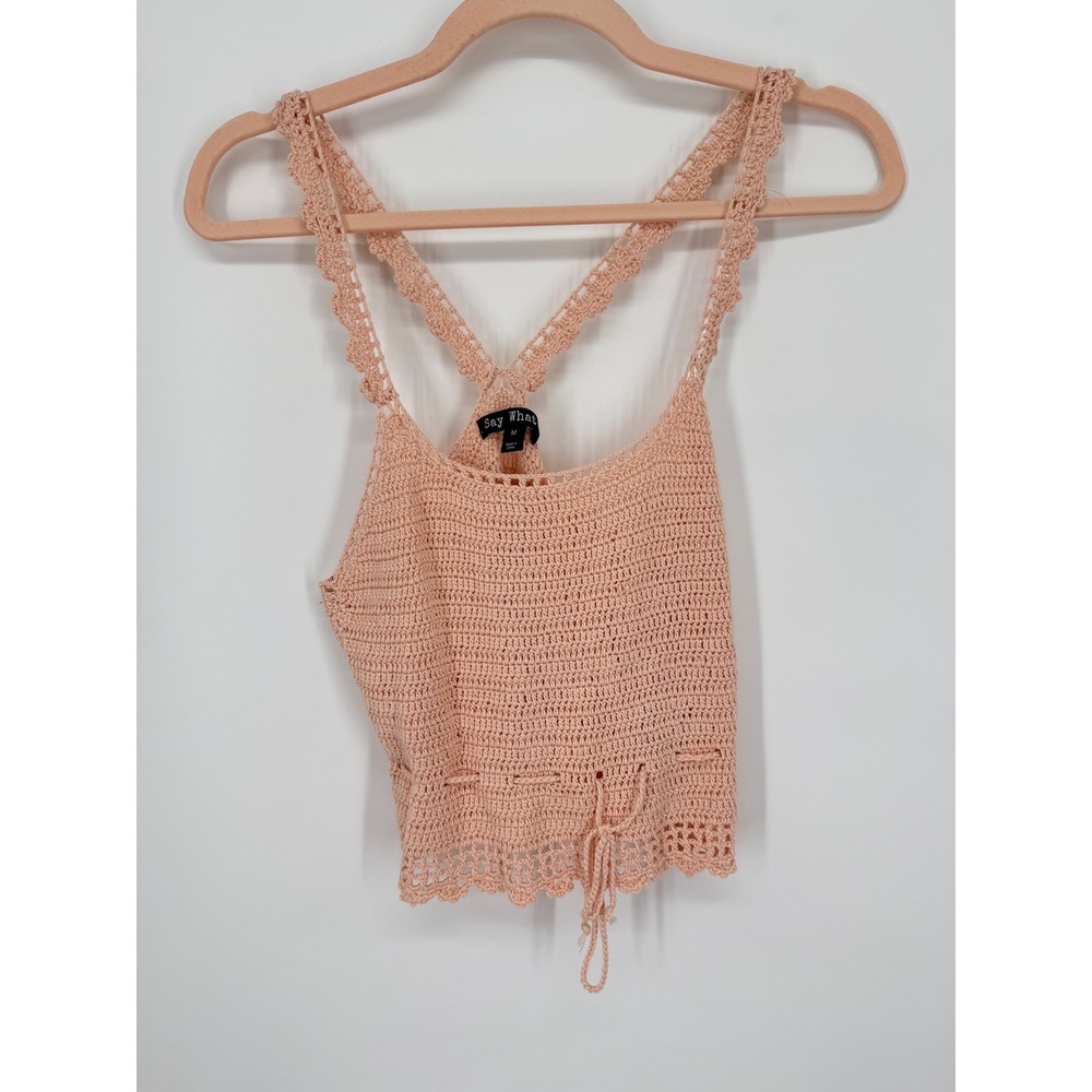 Say What? Crochet Cami Top Women Medium Peach Boho Scalloped Drawstring
